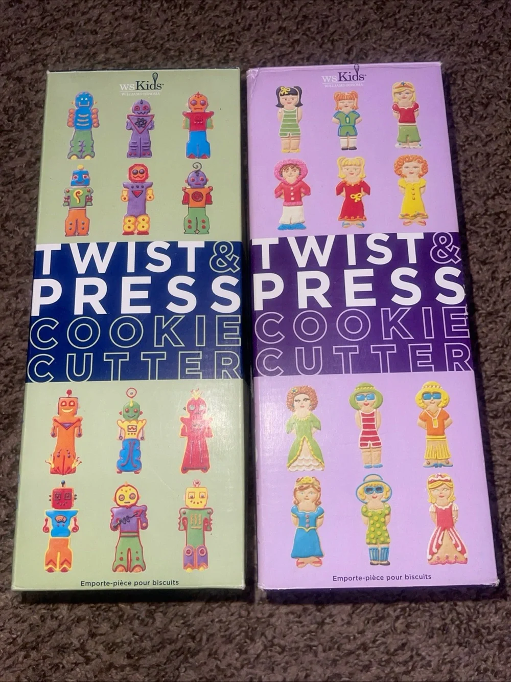 Williams Sonoma Twist & Press Cookie Cutter Sets - Green & Purple Boxes